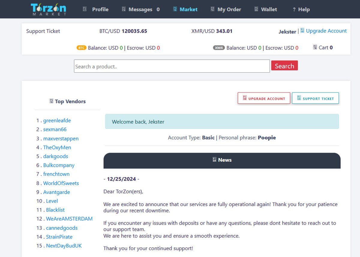 Torzon Market interface screenshot — informational overview